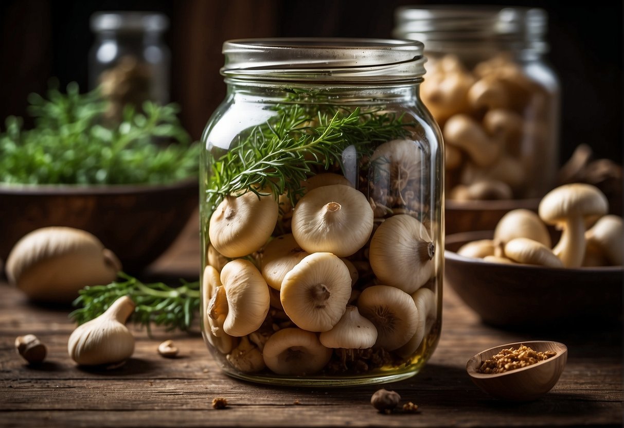 A jar of pickled mushrooms surrounded by fresh herbs and spices on a rustic wooden table