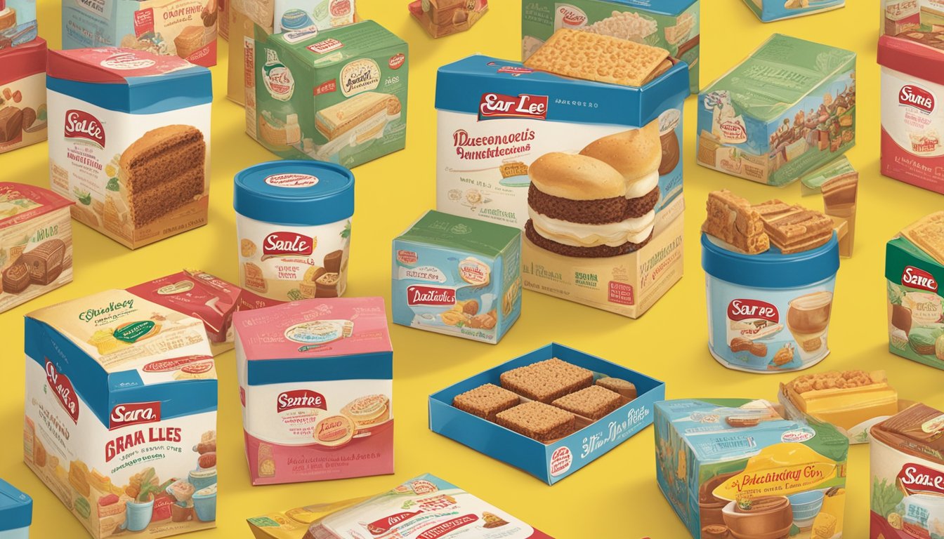 A display of vintage Sara Lee dessert packaging and advertisements, surrounded by images of happy families enjoying the products