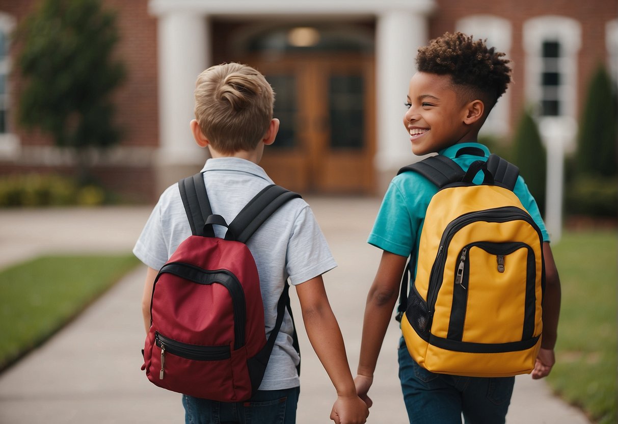 Siblings walking together towards a school building, carrying backpacks and chatting happily. A sign above the entrance reads "Welcome to Our School."