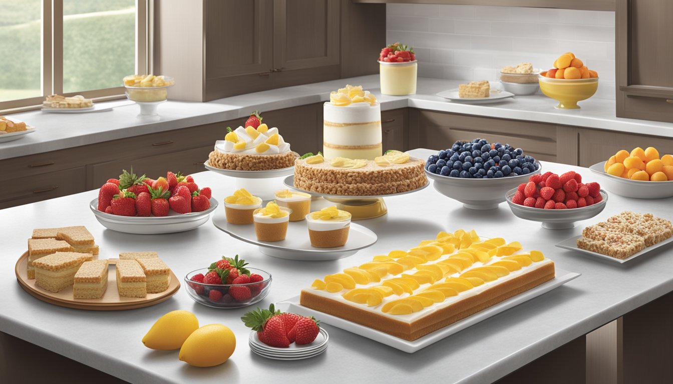 A display of Sara Lee dessert products arranged on a clean, modern countertop with fresh fruit and elegant serving dishes