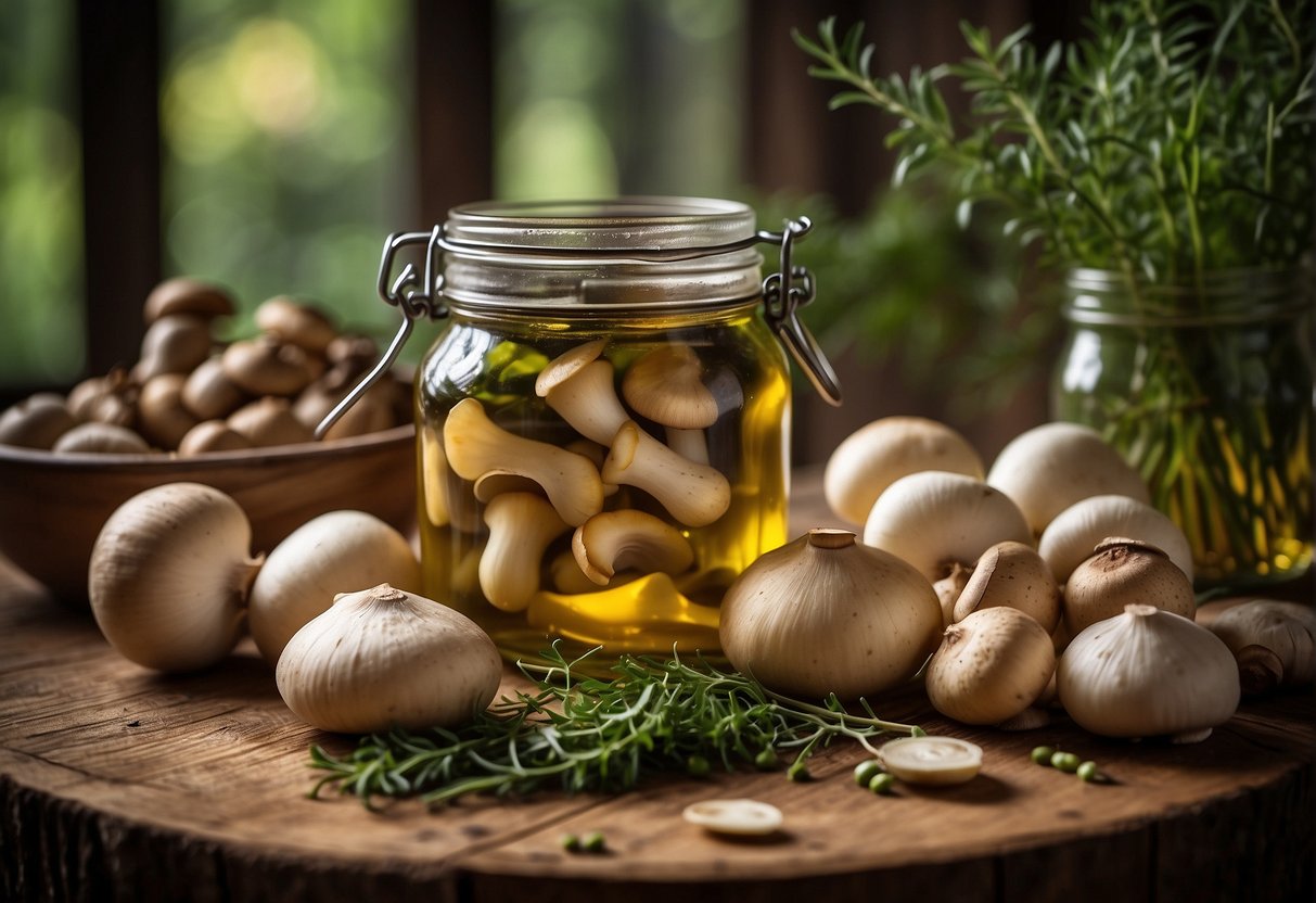 A jar of pickled mushrooms sits on a rustic wooden table, surrounded by fresh herbs, garlic, and a bottle of white wine