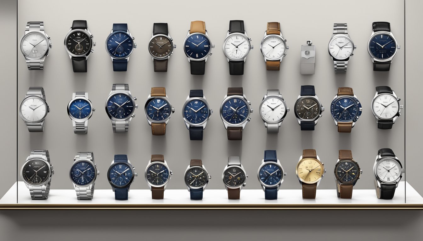 A display of top 10 watch brands in Singapore, arranged in a clean and modern showcase with clear signage for each brand