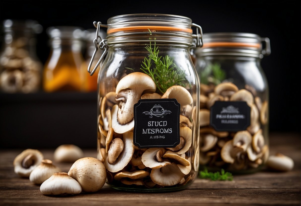 A glass jar filled with sliced mushrooms, submerged in a brine of vinegar, herbs, and spices. A label with "Pickled Mushrooms" and storage instructions attached to the jar