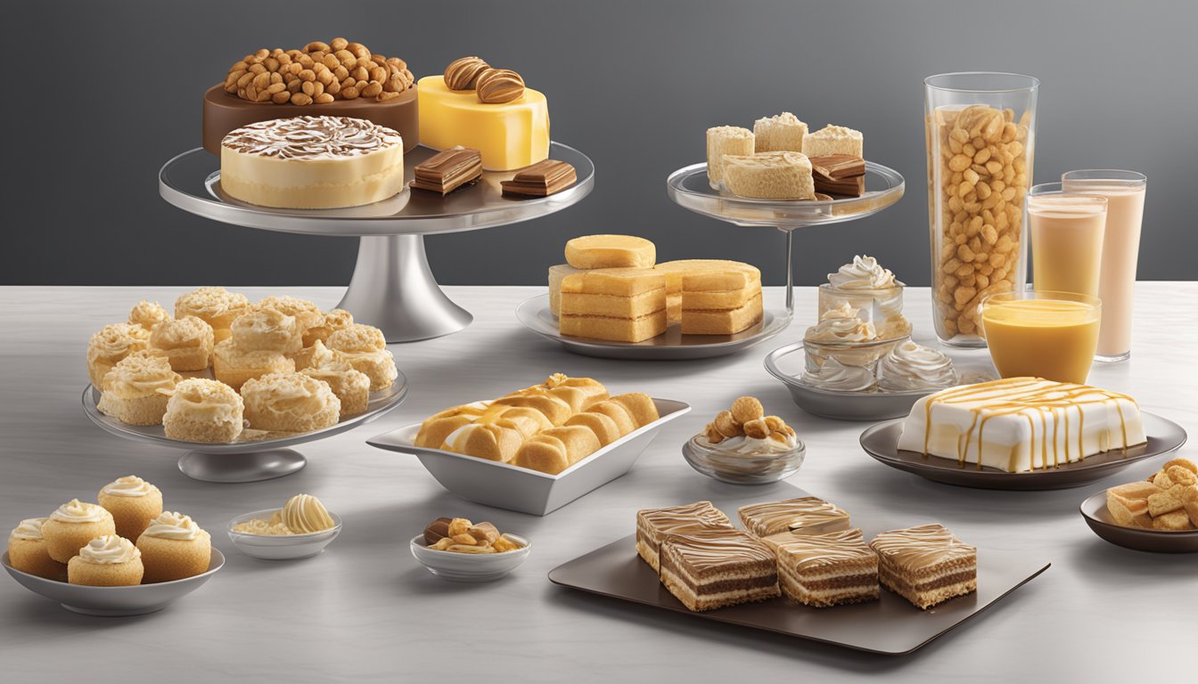 A lavish display of Financial Insights dessert brand Sara Lee products arranged on a sleek, modern serving table with elegant packaging and decadent treats
