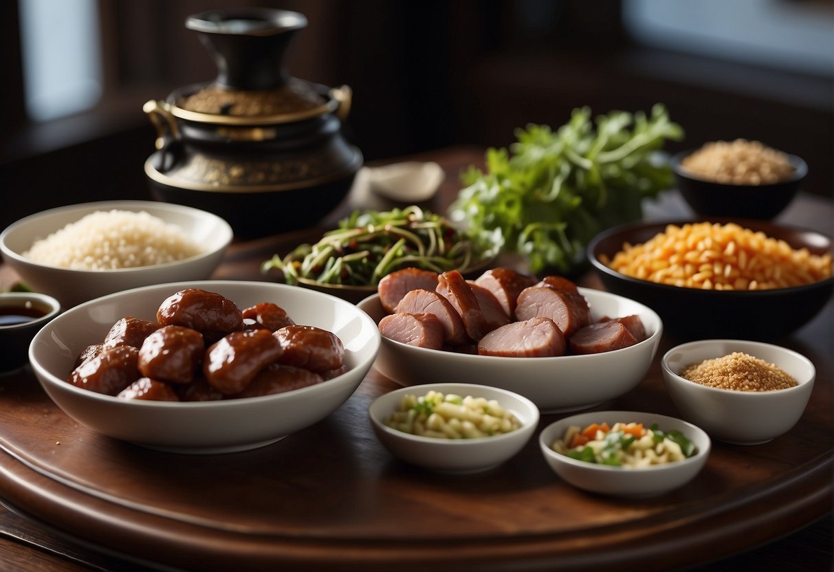 A table with various ingredients like soy sauce, sugar, and pork, along with Chinese sausages and cooking utensils
