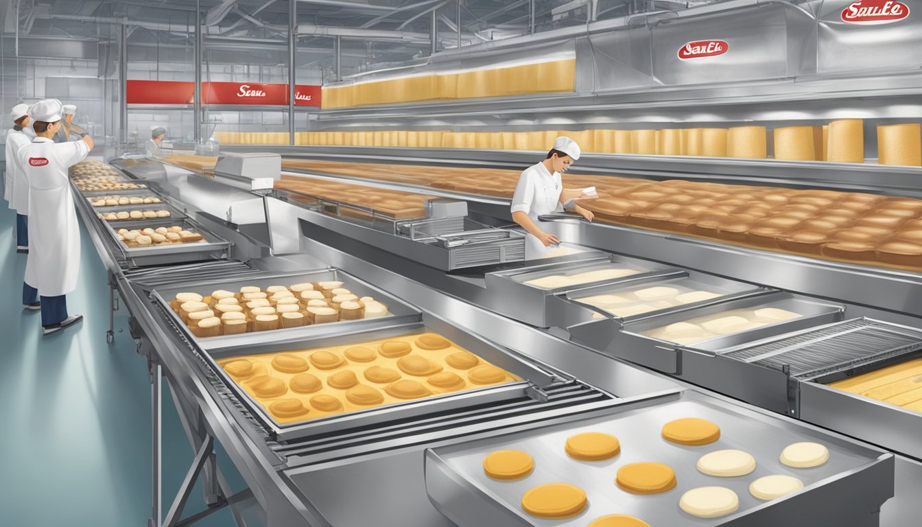 Machinery whirs as desserts are packaged at Sara Lee factory. Ingredients are mixed, baked, and assembled on conveyor belts