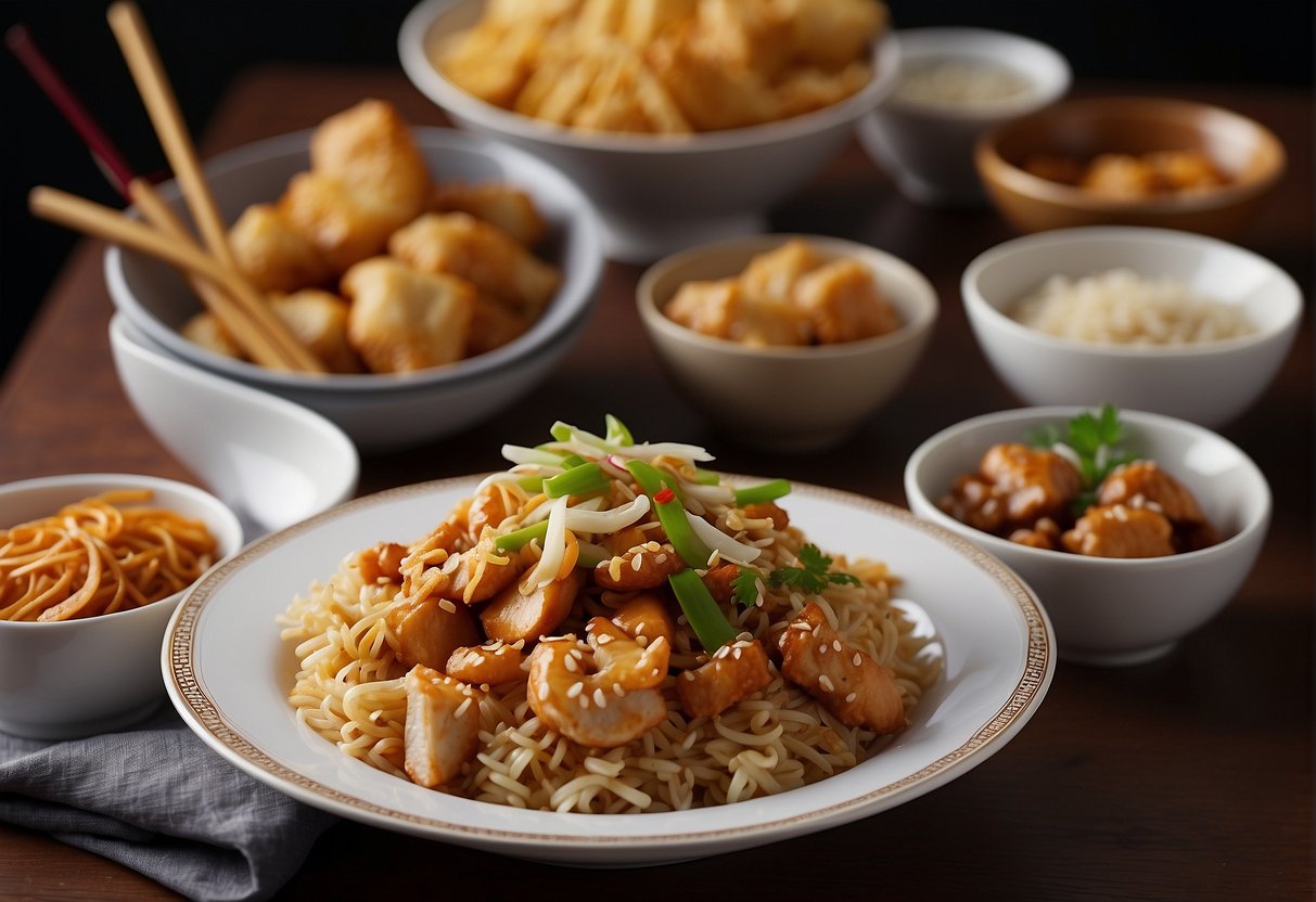 A table set with various Chinese takeout dishes, including fried rice, lo mein, and orange chicken. Chopsticks and fortune cookies sit on the side