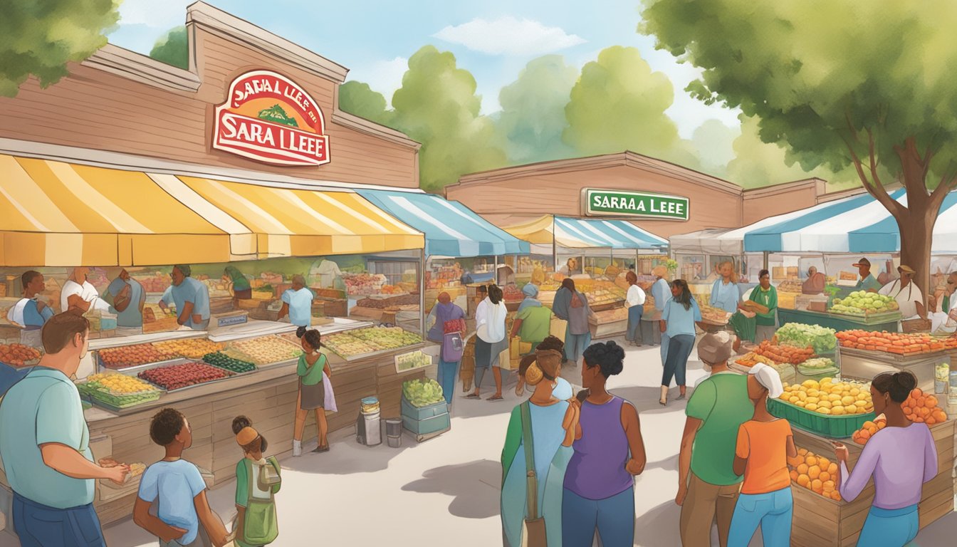 A bustling farmers' market with diverse customers enjoying Sara Lee's desserts, highlighting community impact