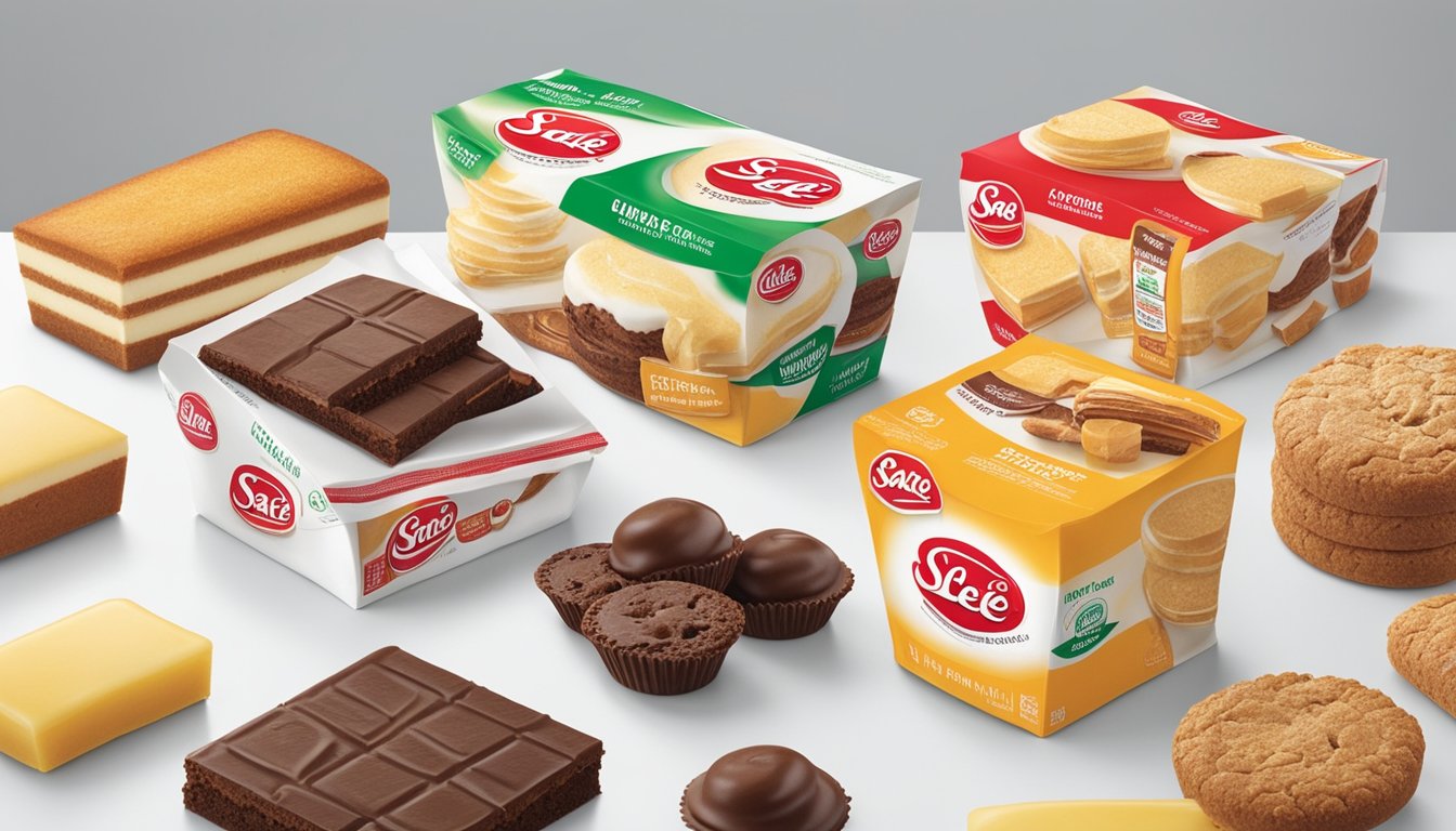A display of Sara Lee dessert products on a clean, white countertop with the brand name prominently featured