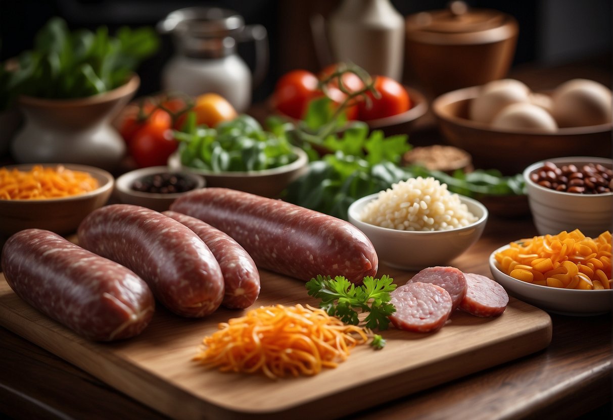 A kitchen counter with various ingredients and tools for making Chinese style sausage