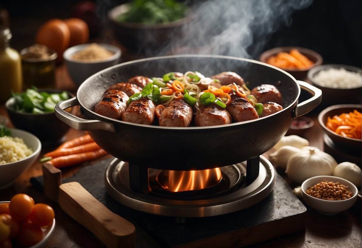 A sizzling wok cooks up Chinese-style sausages, surrounded by traditional ingredients like ginger, garlic, and soy sauce