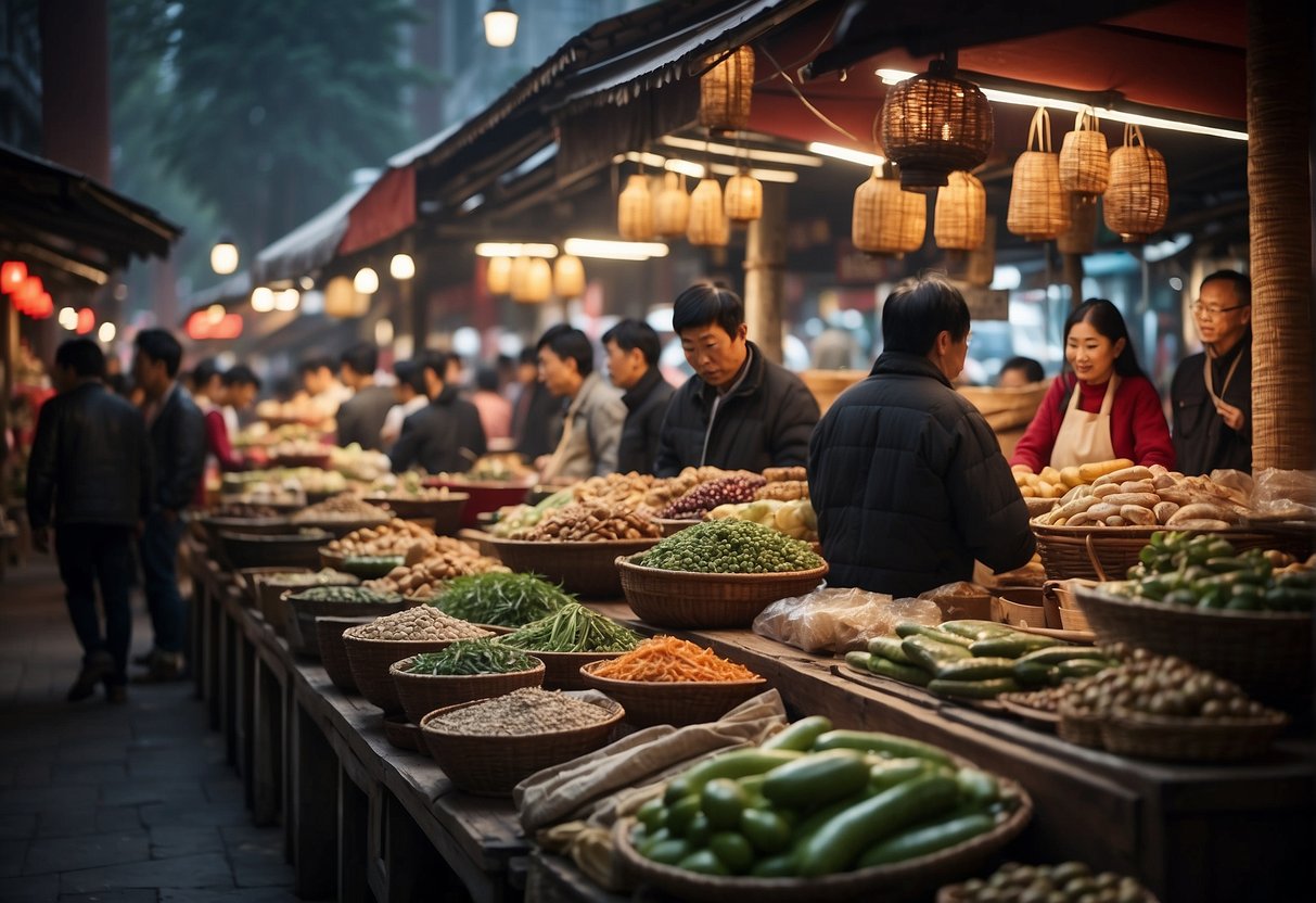 A bustling Chinese marketplace with vendors selling traditional ingredients and cooking utensils, while customers browse through recipe books and ask questions