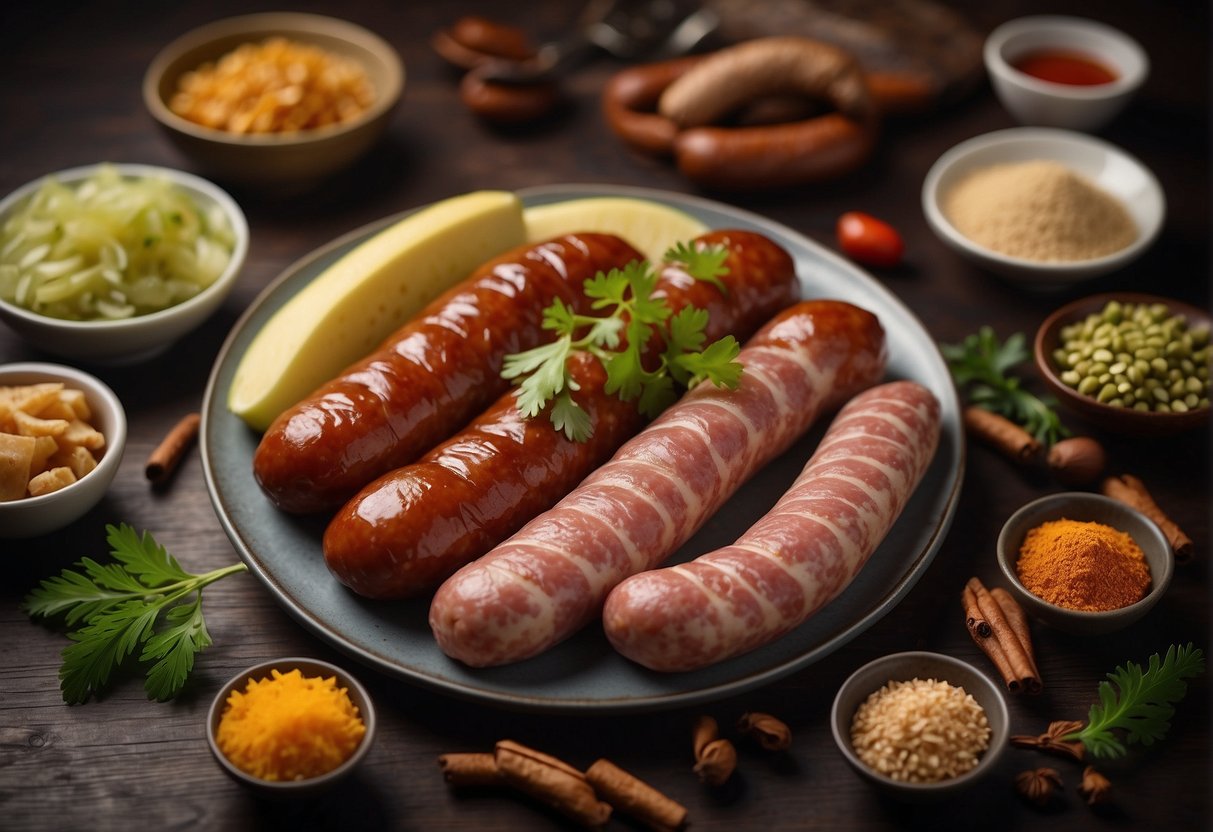 A table spread with various Chinese style sausages, surrounded by ingredients like ginger, soy sauce, and spices