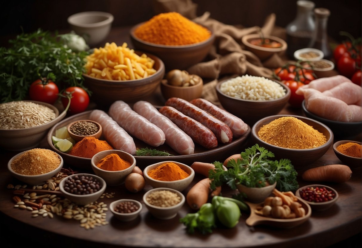 A table filled with various fresh ingredients and traditional Chinese spices for making sausage