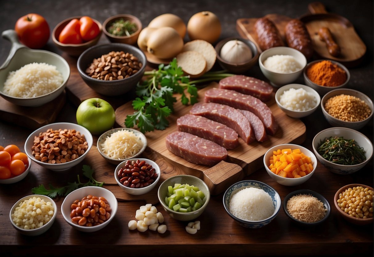 A table spread with various ingredients and utensils for making Chinese-style sausage recipes