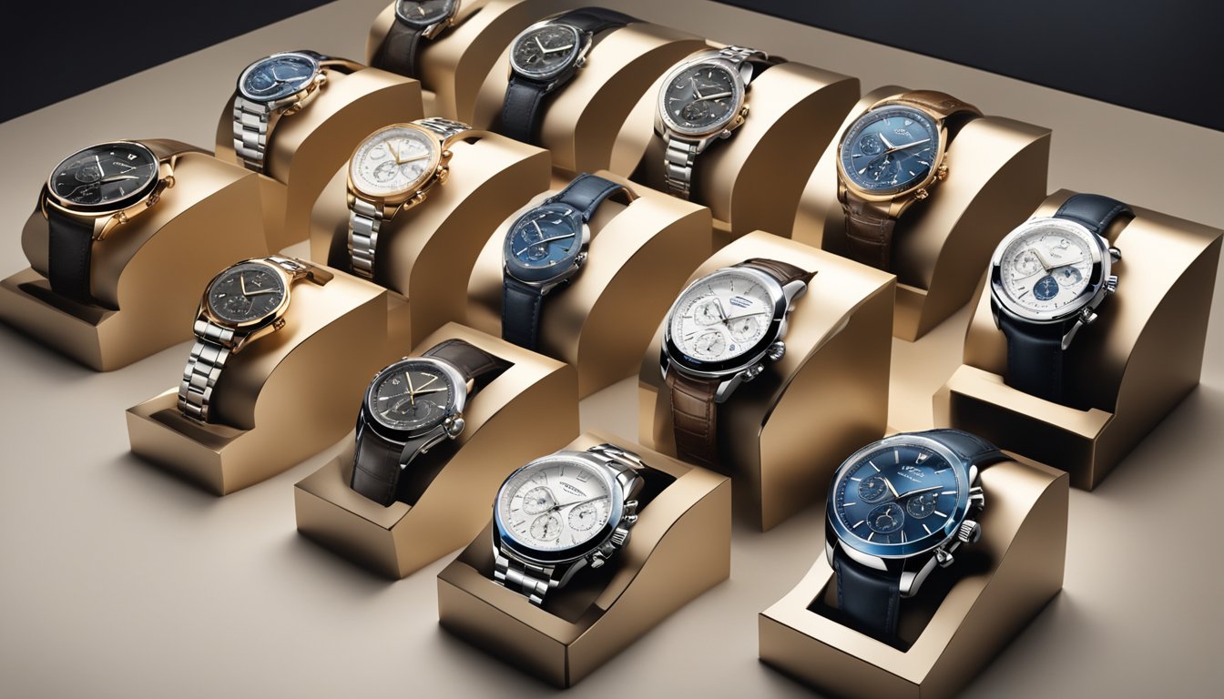A display of top watch brands arranged on a sleek, modern showcase, with soft spotlighting highlighting their intricate designs and luxurious materials
