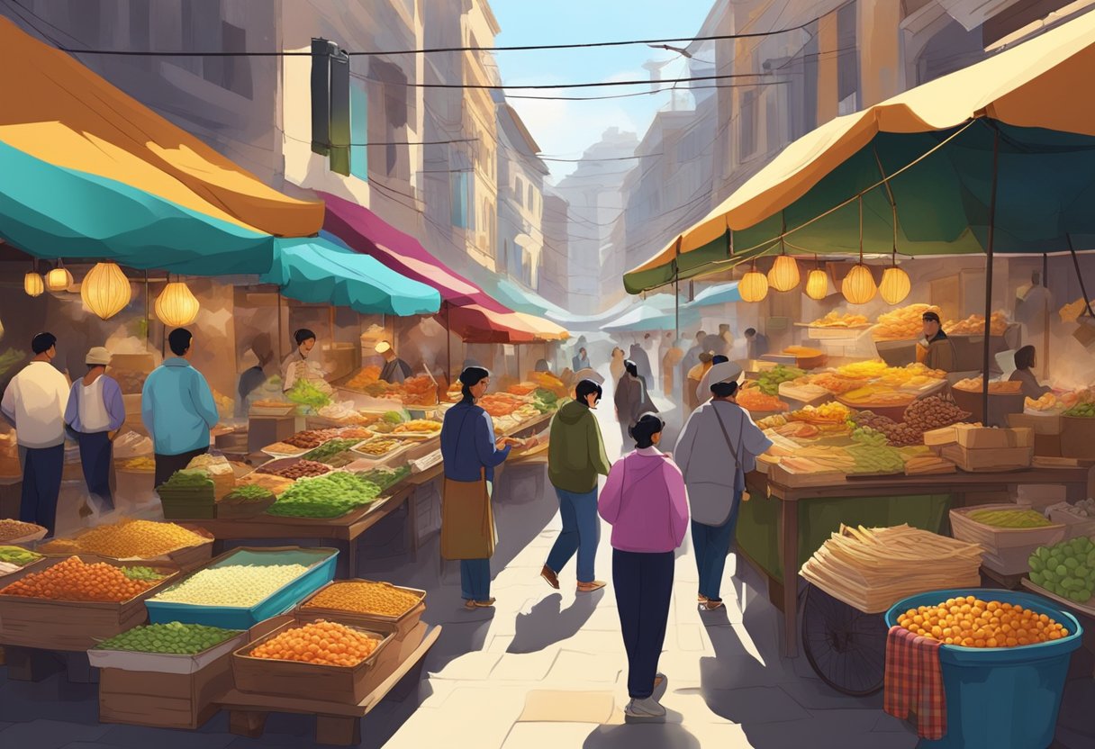 Vendors display goods in a bustling marketplace, surrounded by colorful stalls and eager customers. The air is filled with the sounds of bargaining and the enticing aroma of street food