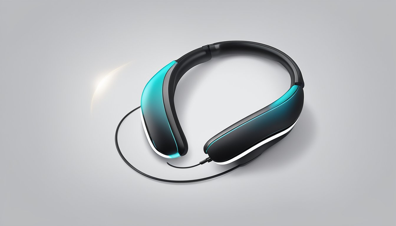 A sleek earpiece brand logo displayed on a minimalist white background with a subtle spotlight illuminating the logo