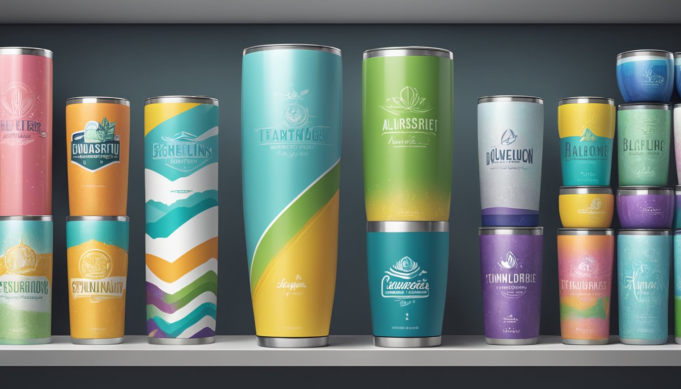 Various tumbler brands displayed on a shelf, featuring logos and designs. Bright lighting highlights the products