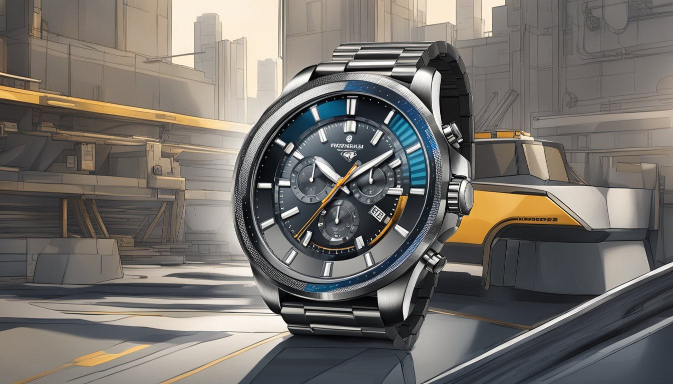 A sleek, modern watch with a rugged, industrial backdrop symbolizes the innovation and durability of top watch brands for men
