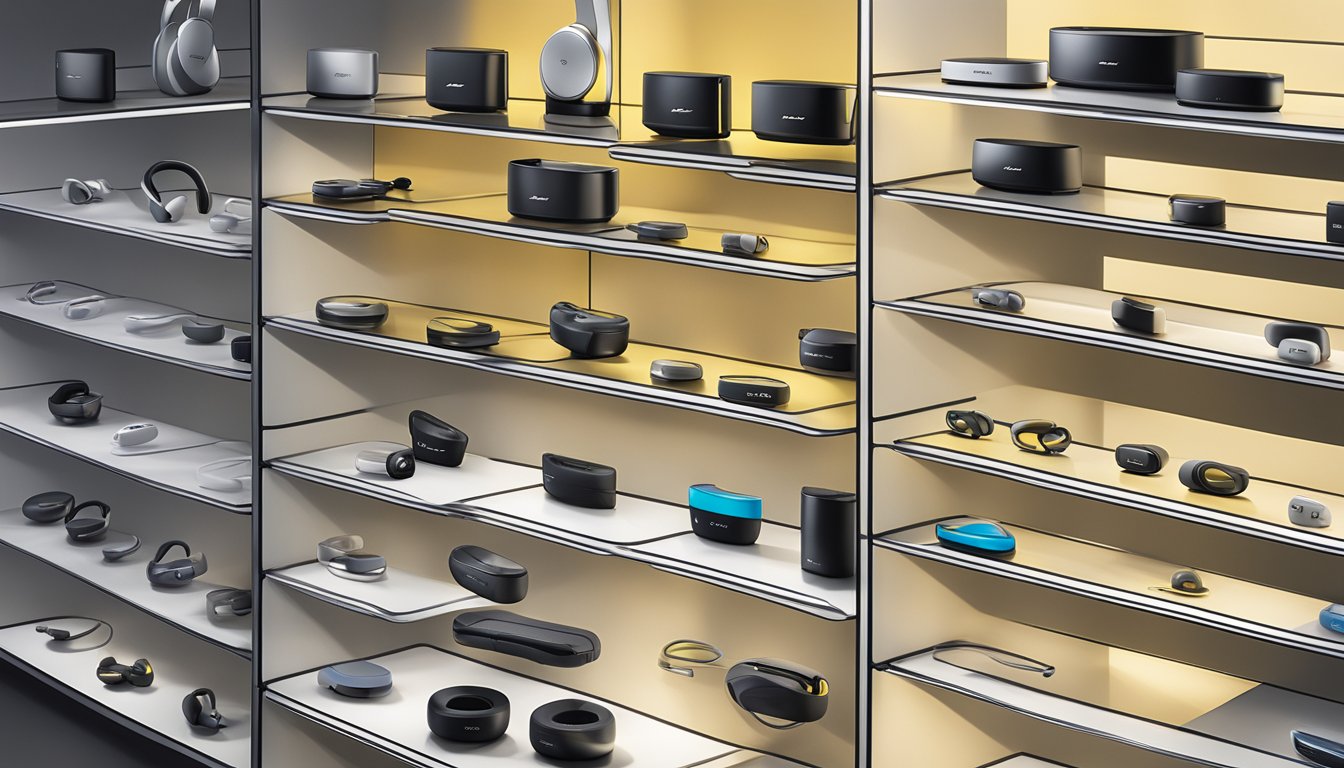 Various earpiece brands displayed on a shelf, including Bose, Sony, and Jabra. Bright lighting highlights the sleek designs and logos