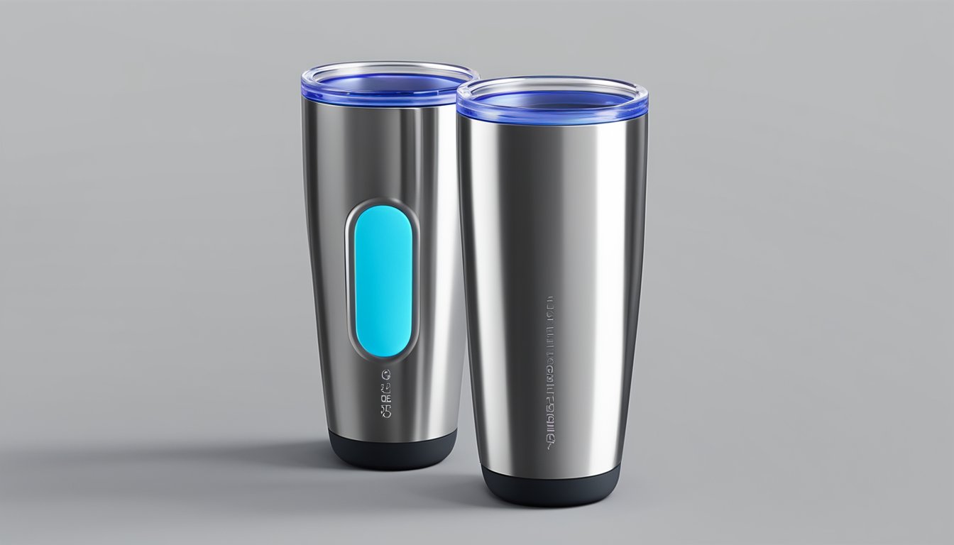 A sleek, modern tumbler made of stainless steel and silicone grips, featuring innovative design elements and material combinations