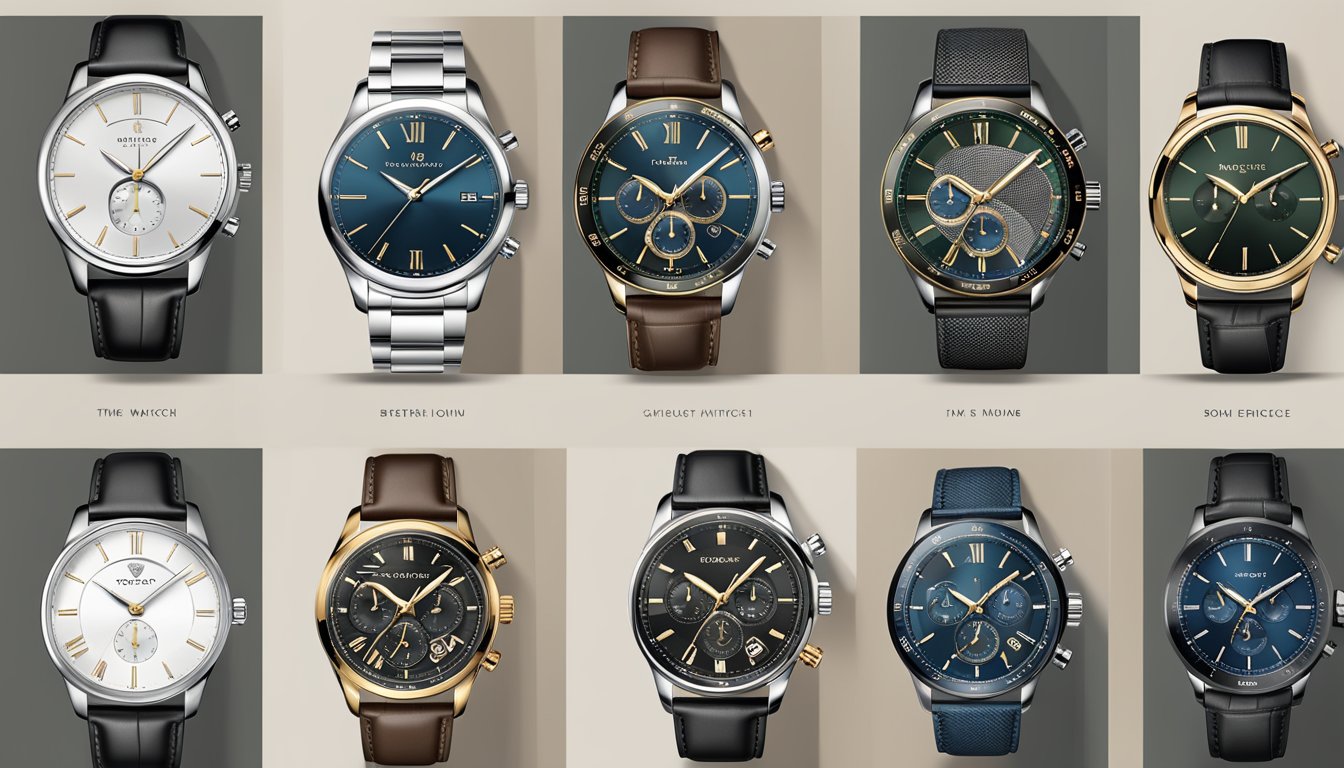 A display of top watch brands for men, arranged on sleek, minimalist stands, with each timepiece showcasing intricate details and luxurious materials