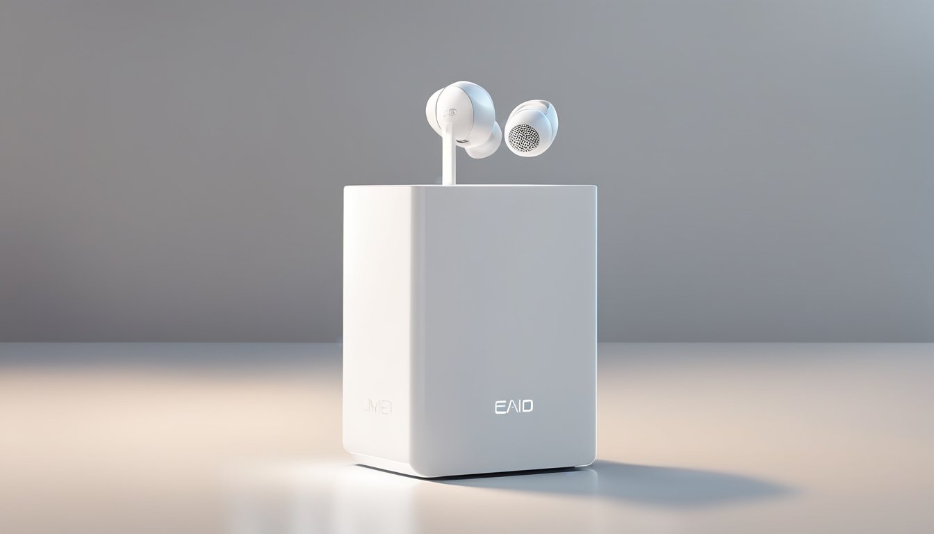 A sleek, futuristic earpiece brand displayed on a minimalist white pedestal, with soft lighting highlighting its innovative design