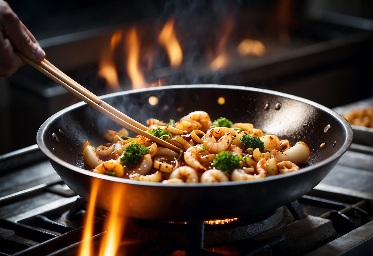 A wok sizzles as a chef tosses marinated squid with ginger, garlic, and soy sauce. A hint of chili adds a spicy aroma to the air