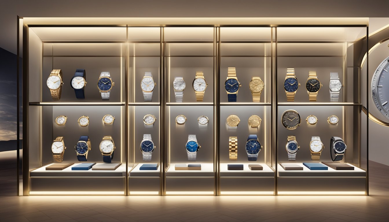 A display of luxury watch brands arranged on a sleek, modern showcase. Bright lighting highlights the intricate details and craftsmanship of each timepiece