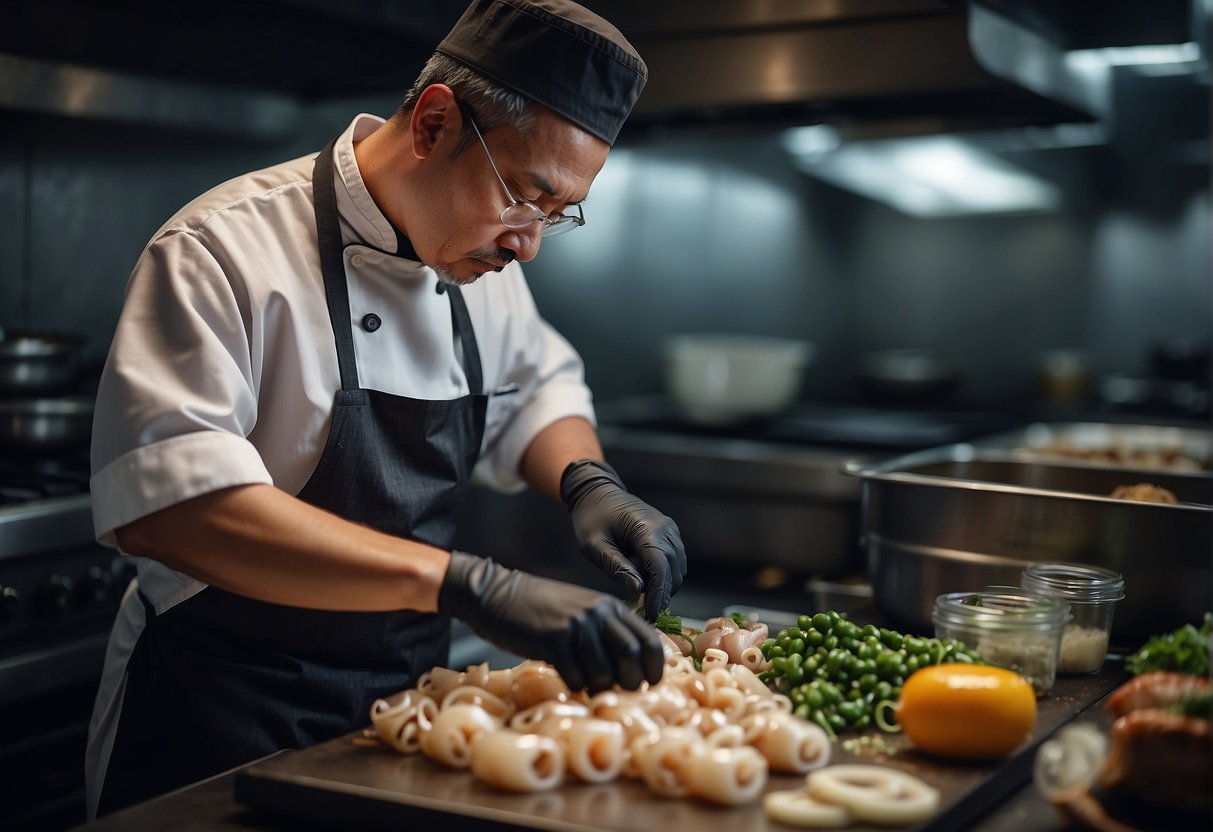 A chef slices fresh squid and prepares Chinese-style ingredients for a recipe