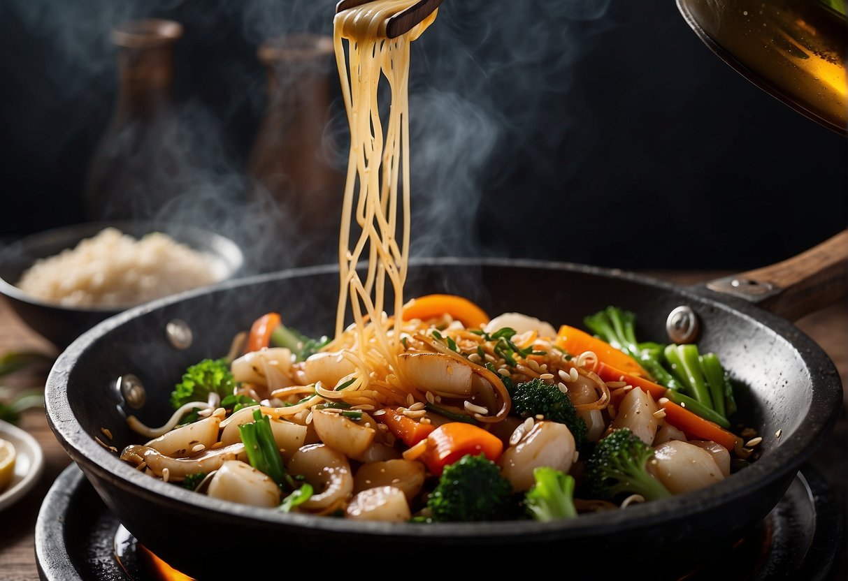 A wok sizzles with soy sauce, ginger, and garlic as squid and vegetables are stir-fried. Ingredients like sesame oil and oyster sauce sit nearby