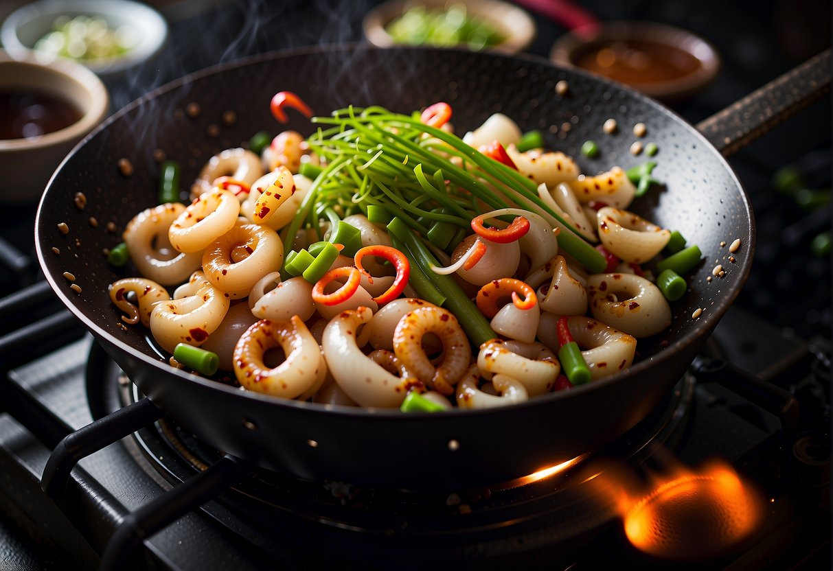 Squid being stir-fried with ginger, garlic, and soy sauce in a wok over high heat. Green onions and red chilies are added for color and flavor
