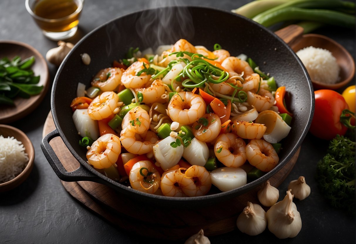 A sizzling wok tosses tender squid with ginger, garlic, and soy. A medley of vibrant vegetables sizzle alongside. A pot of fragrant jasmine rice steams nearby