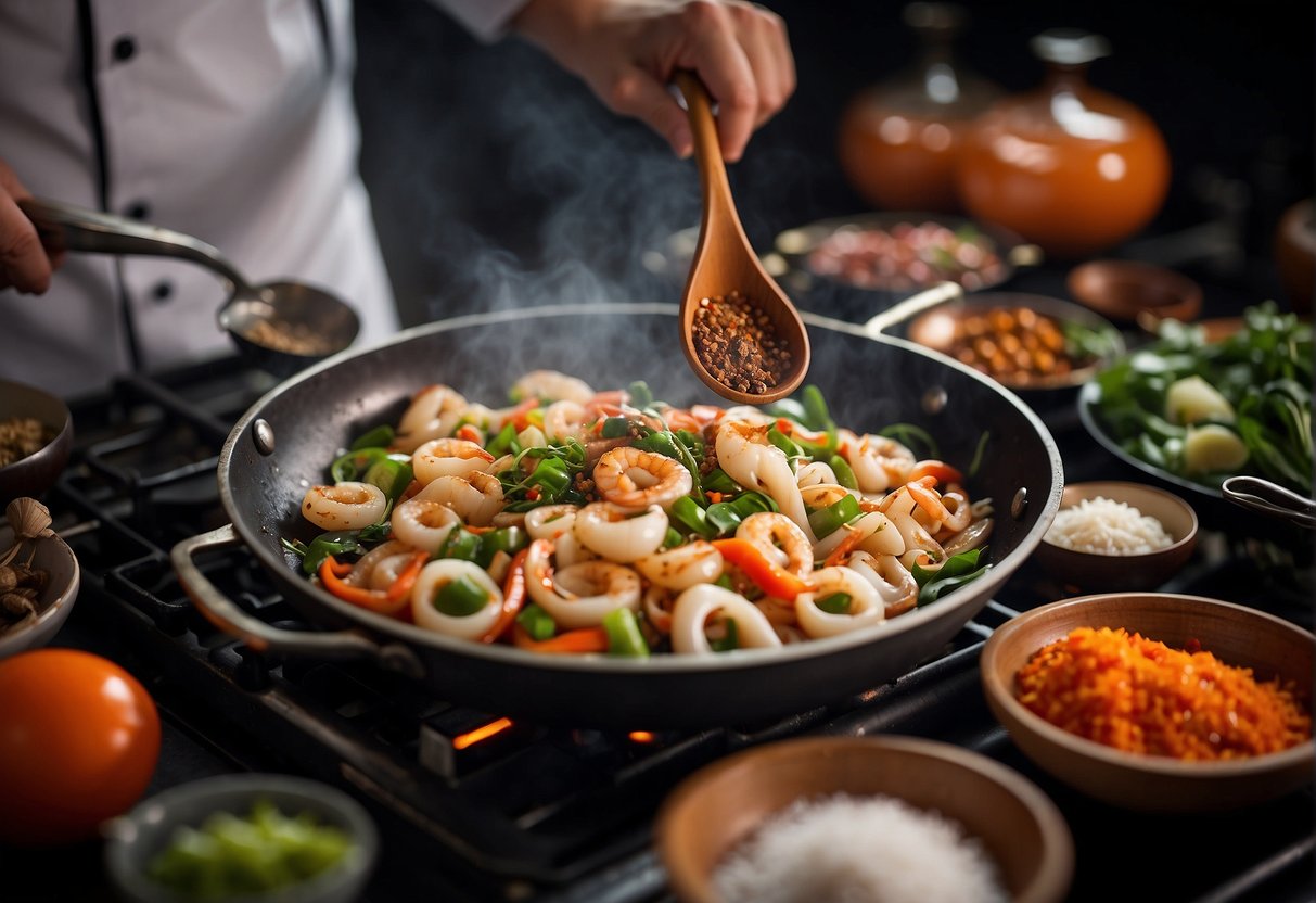 A chef stirring a wok filled with sizzling squid and aromatic Chinese spices, surrounded by a variety of fresh ingredients and cooking utensils