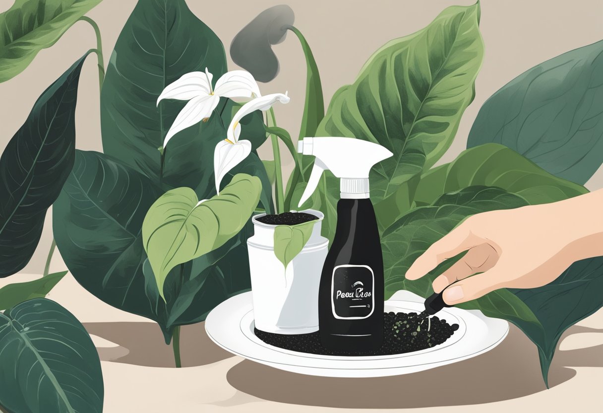 A hand holding a spray bottle, misting black leaves on a peace lily. A small dish of diluted fertilizer sits nearby