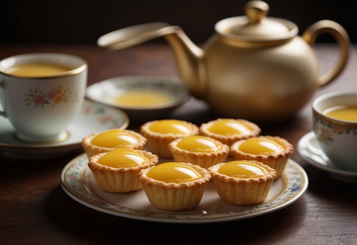 A table with a tray of freshly baked Chinese egg tarts, golden brown and flaky, with a delicate egg custard filling. A teapot and cups sit nearby, with a traditional Chinese teapot and cups