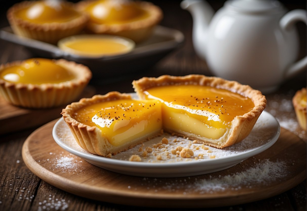 A golden-brown egg tart sits on a delicate flaky crust, with a smooth custard filling and a hint of vanilla, dusted with a light sprinkling of powdered sugar