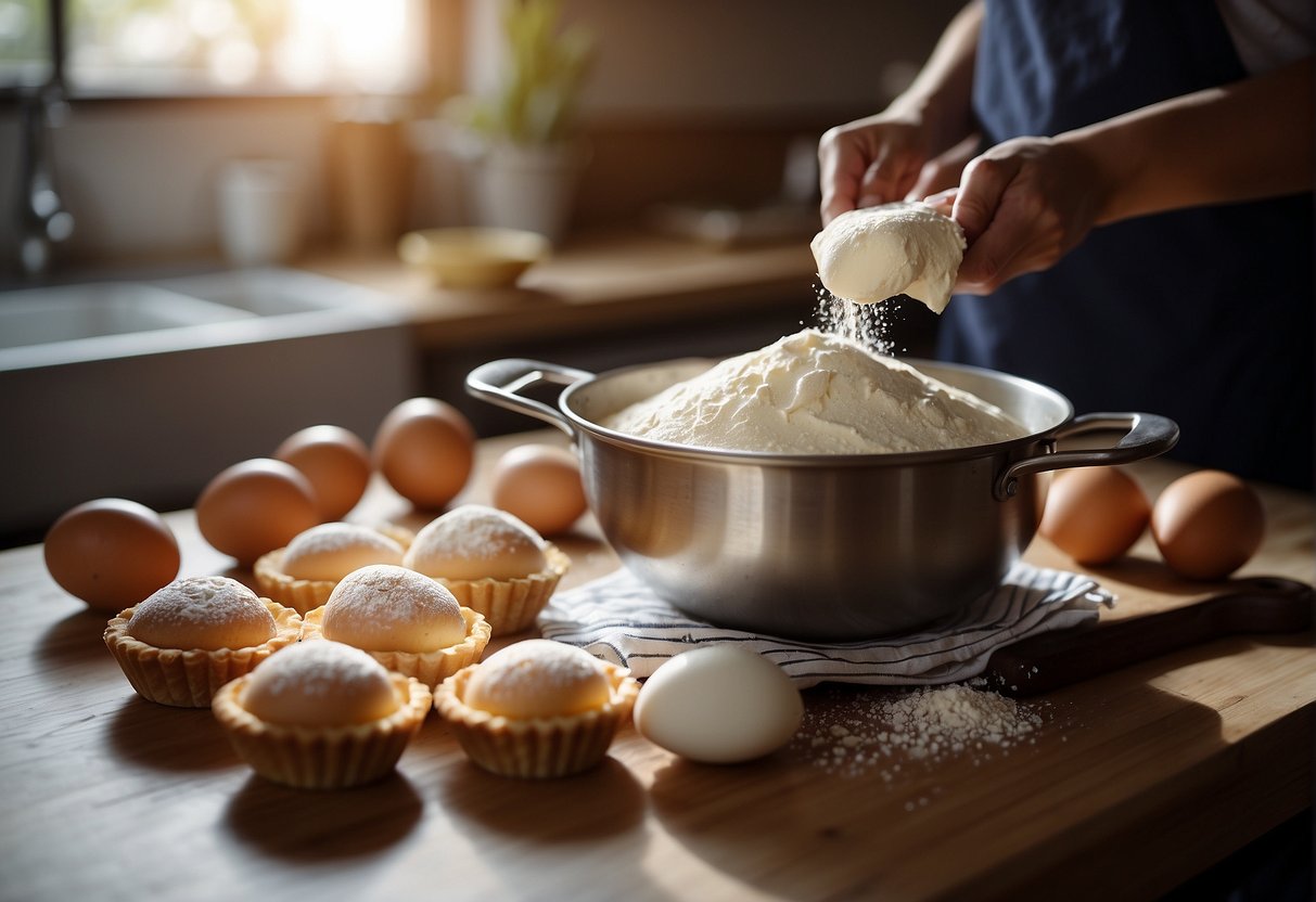 A mixing bowl with flour, sugar, and butter. A whisk and a rolling pin on a clean countertop. A tray of egg tarts in the oven