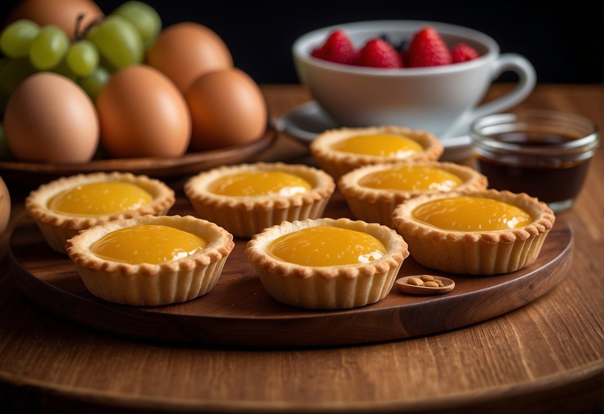 Egg tarts arranged on a wooden serving platter with a side of fresh fruit. Store leftovers in an airtight container in the refrigerator