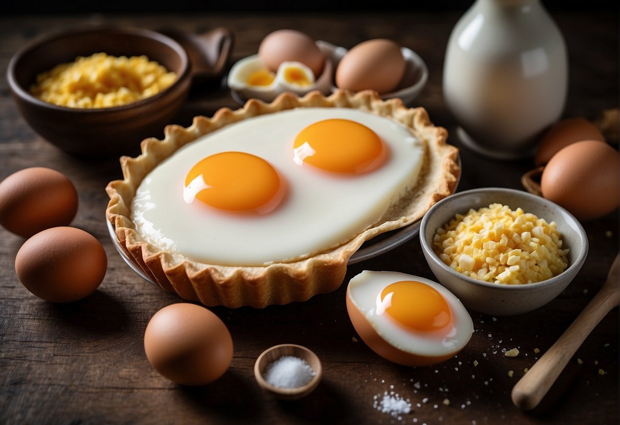 A table filled with ingredients like eggs, milk, and sugar, alongside a mixing bowl and a rolling pin. A recipe book is open to a page titled "Best Chinese Egg Tart Recipe."