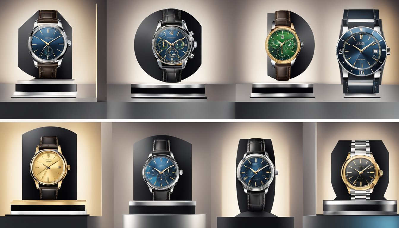 Luxury watch logos displayed on a sleek, modern showcase. Glowing spotlights highlight the intricate designs and craftsmanship of the renowned horology brands