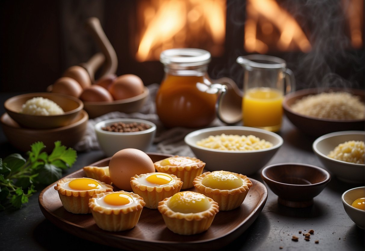 A table with ingredients and utensils for making Chinese egg tarts, a recipe book open to the page for "best Chinese egg tart recipe," and a steaming oven in the background