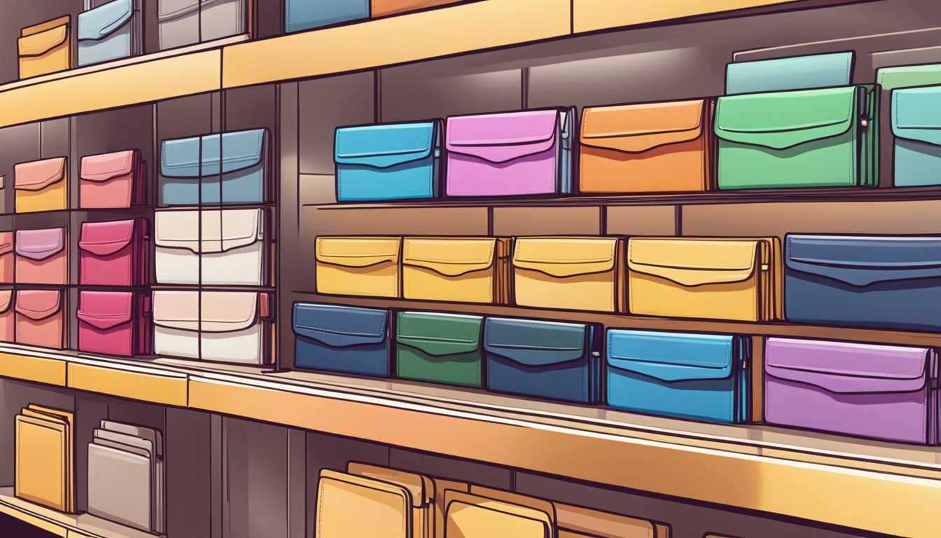 A stack of colorful wallet brands arranged neatly on a display shelf in a modern Singaporean store