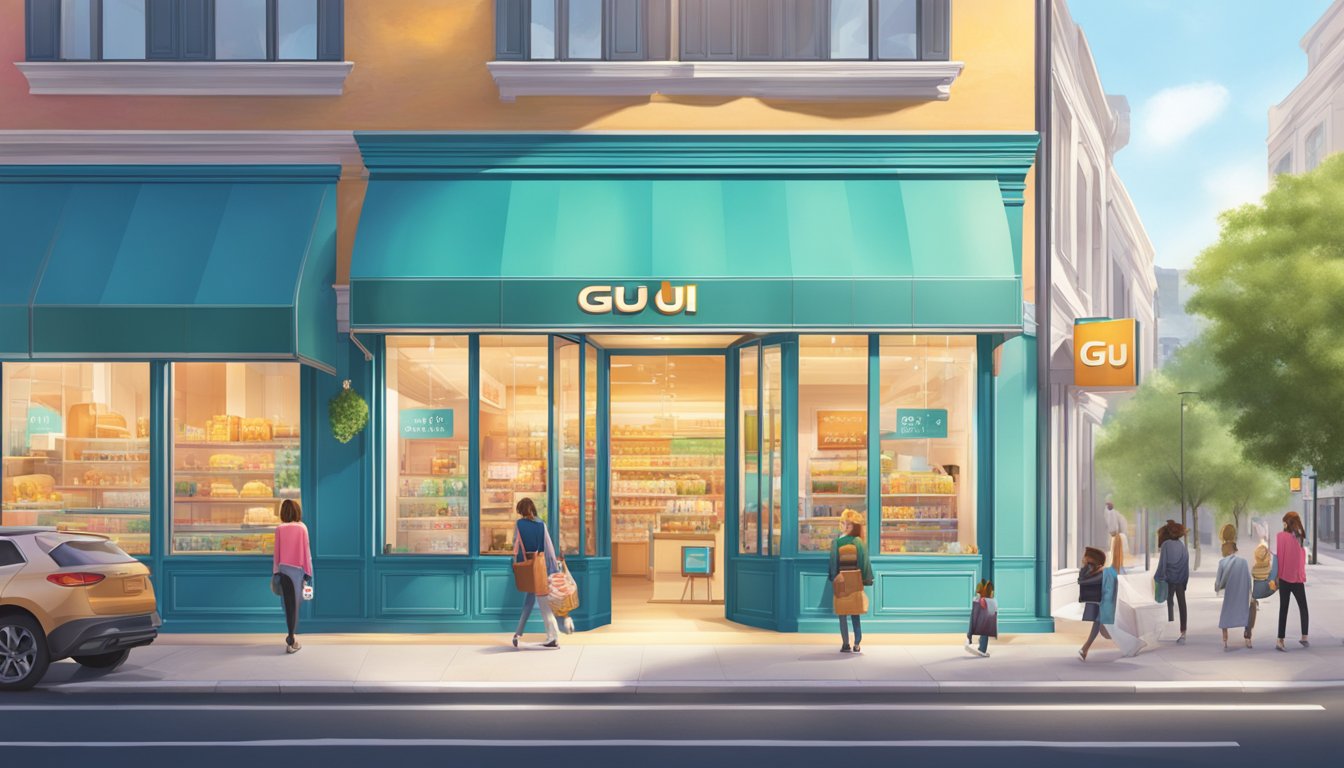 A bright, modern storefront with "GU: The Youthful Sister Brand" prominently displayed. Clean lines and colorful displays draw in passersby