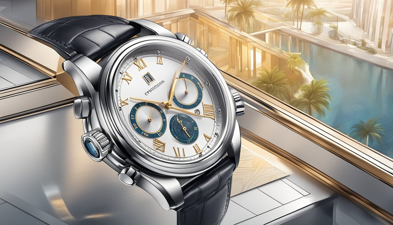 A sleek, modern watch displayed in a luxurious setting, surrounded by innovative design elements and accessible luxury branding