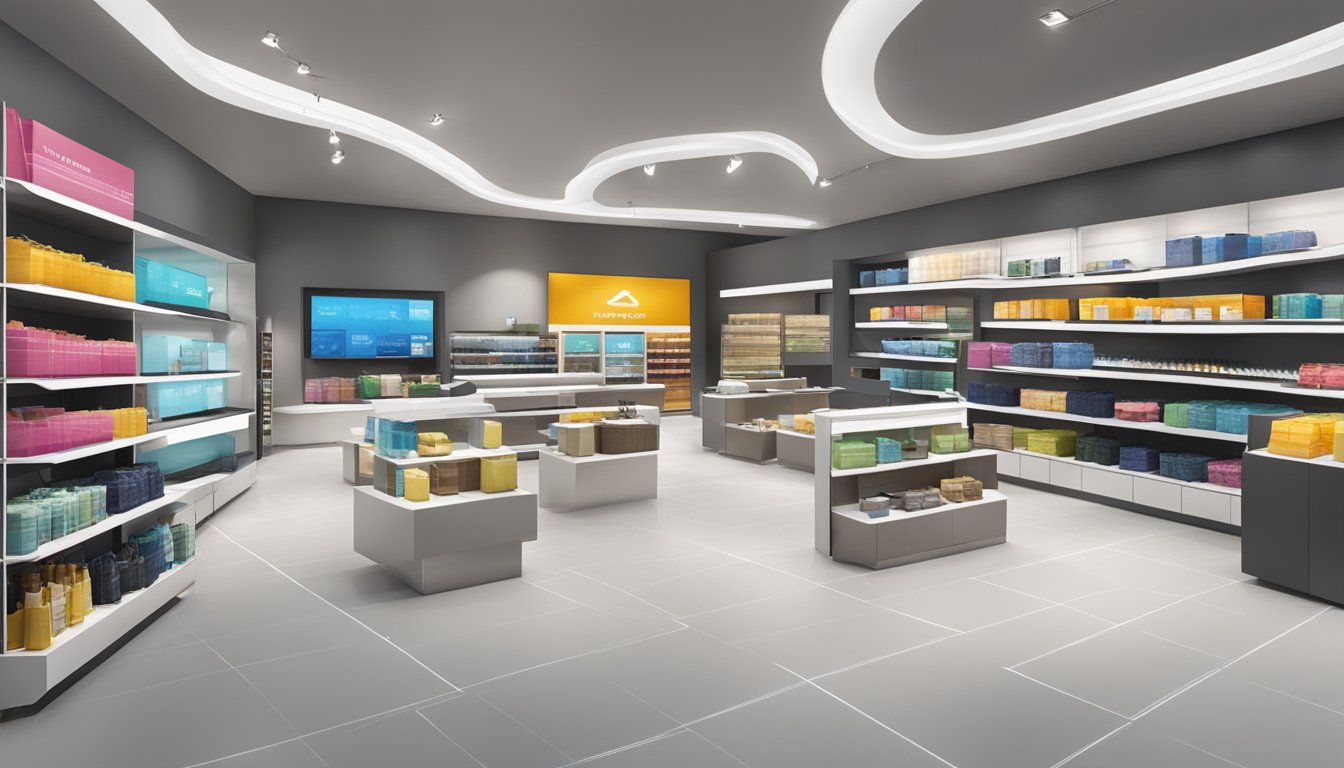 A modern, spacious retail store with sleek, minimalist displays and interactive technology. The brand's logo is prominently featured throughout the space