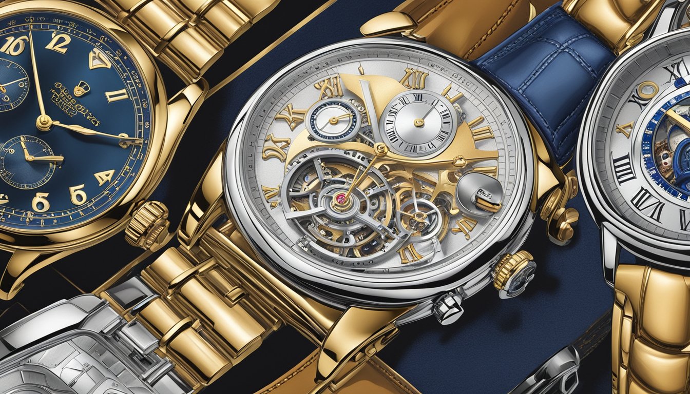 A display of iconic timepieces from famous watch brands, showcasing collectors' favorites. The watches are arranged neatly on velvet cushions, with elegant lighting highlighting their intricate designs