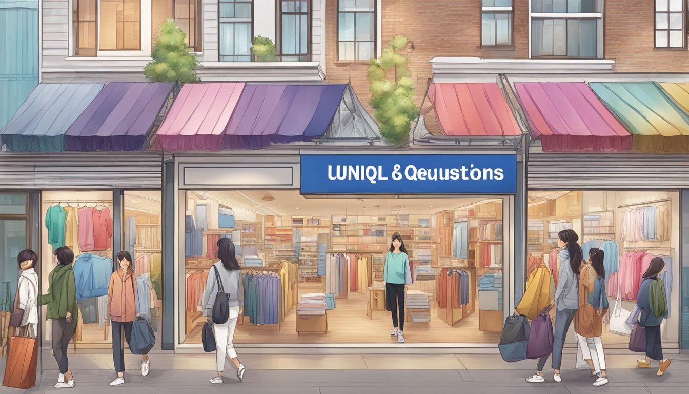 A colorful sign with "Frequently Asked Questions" and "Uniqlo sister brand" displayed prominently