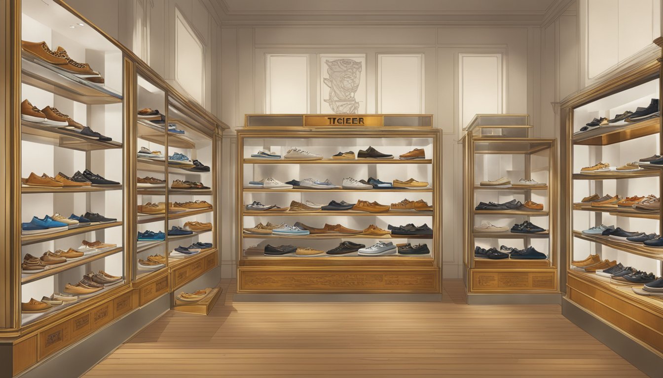 A timeline of Tiger Brand shoes, from vintage to modern, displayed in a museum-like setting